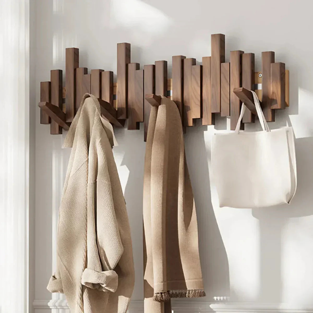Modern Piano-Style Coat Rack Made of Walnut and Beech Wood