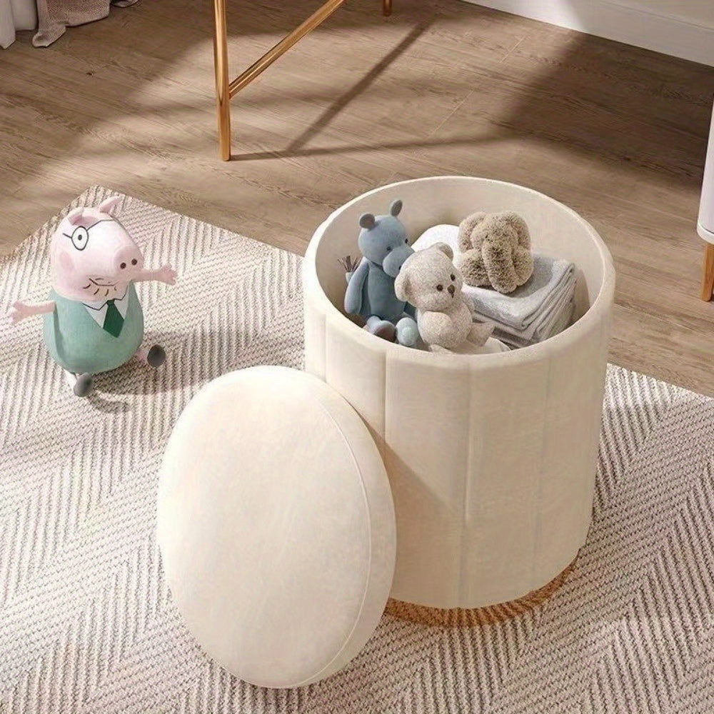 Nordic Chic Storage Ottoman – Elegant Round Pouf with Storage and Mirror Finish
