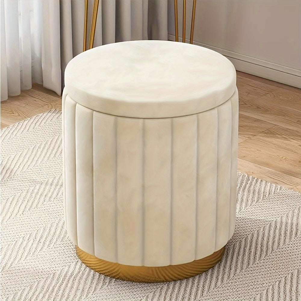 Nordic Chic Storage Ottoman – Elegant Round Pouf with Storage and Mirror Finish