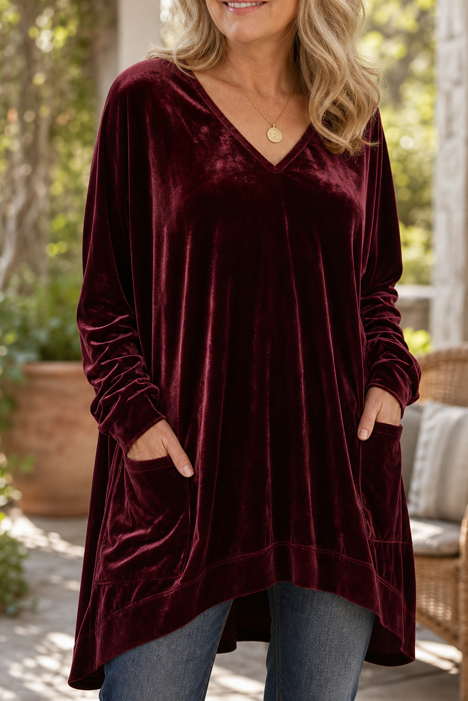 Oversized V-Neck Velvet-Look Tunic with Pockets