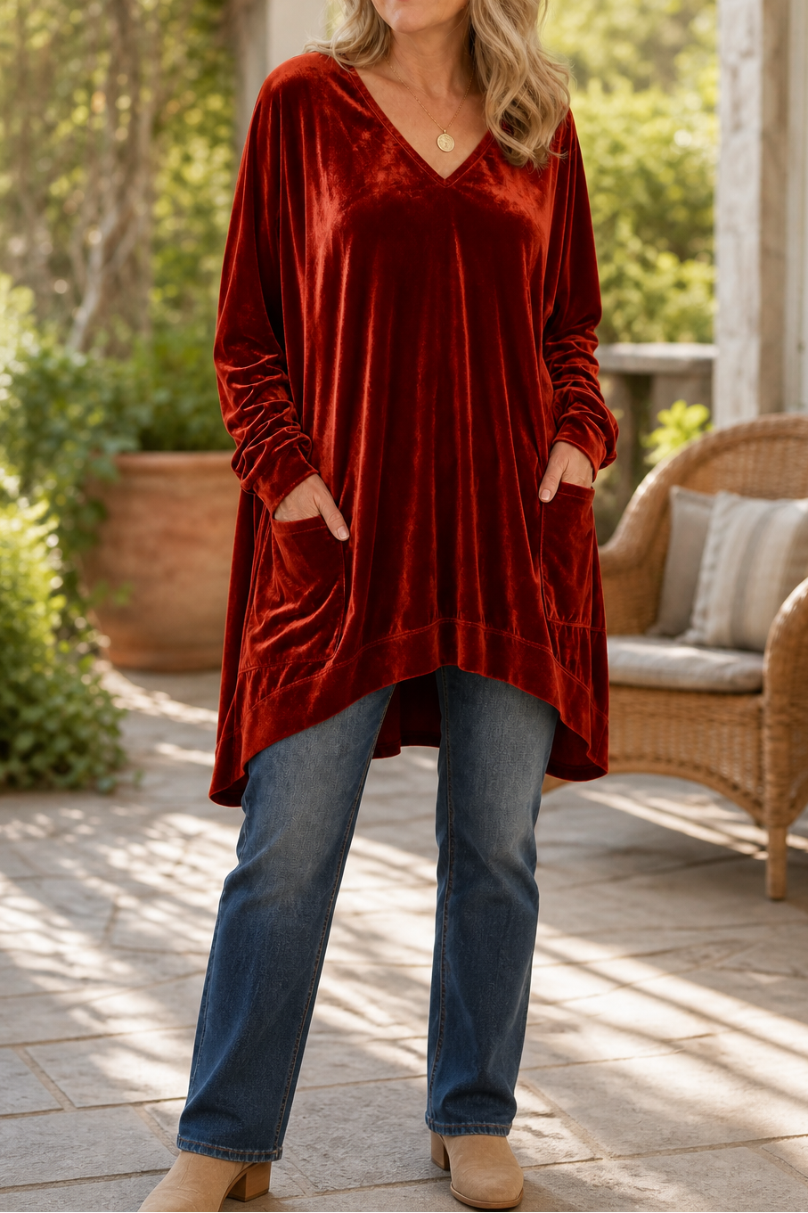 Oversized V-Neck Velvet-Look Tunic with Pockets