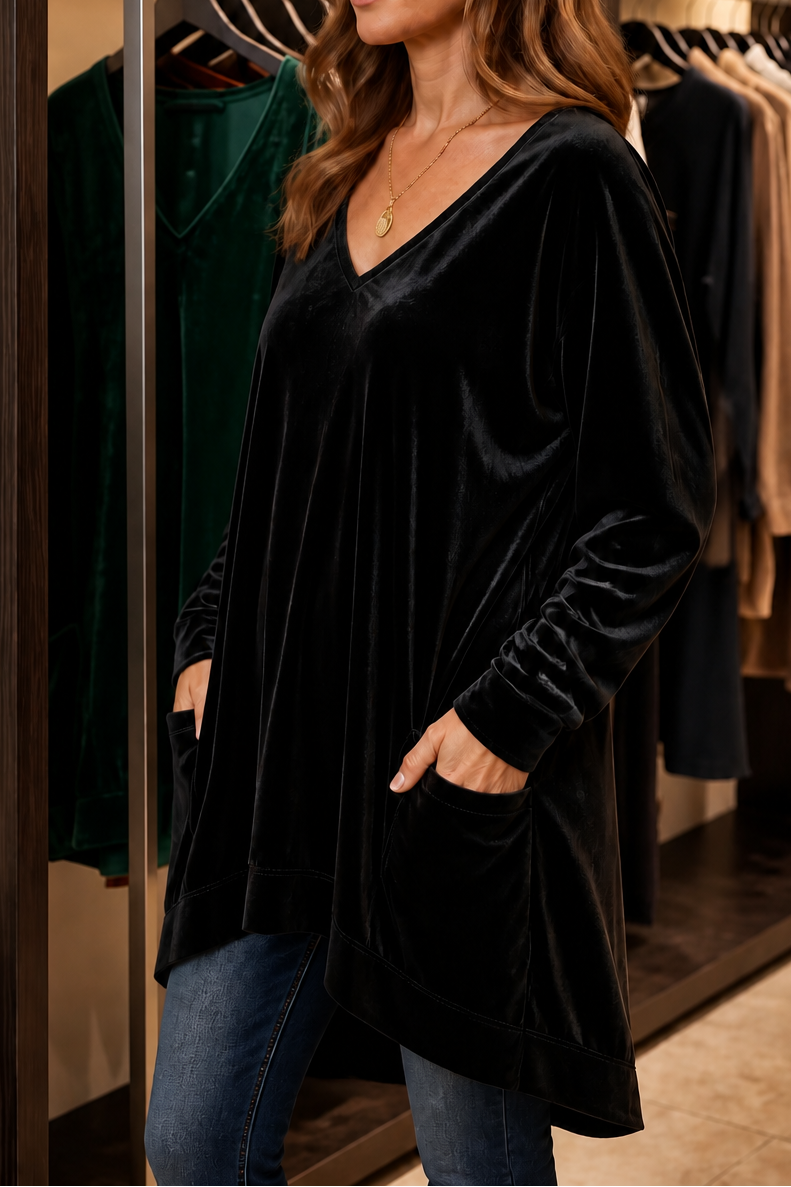 Oversized V-Neck Velvet-Look Tunic with Pockets