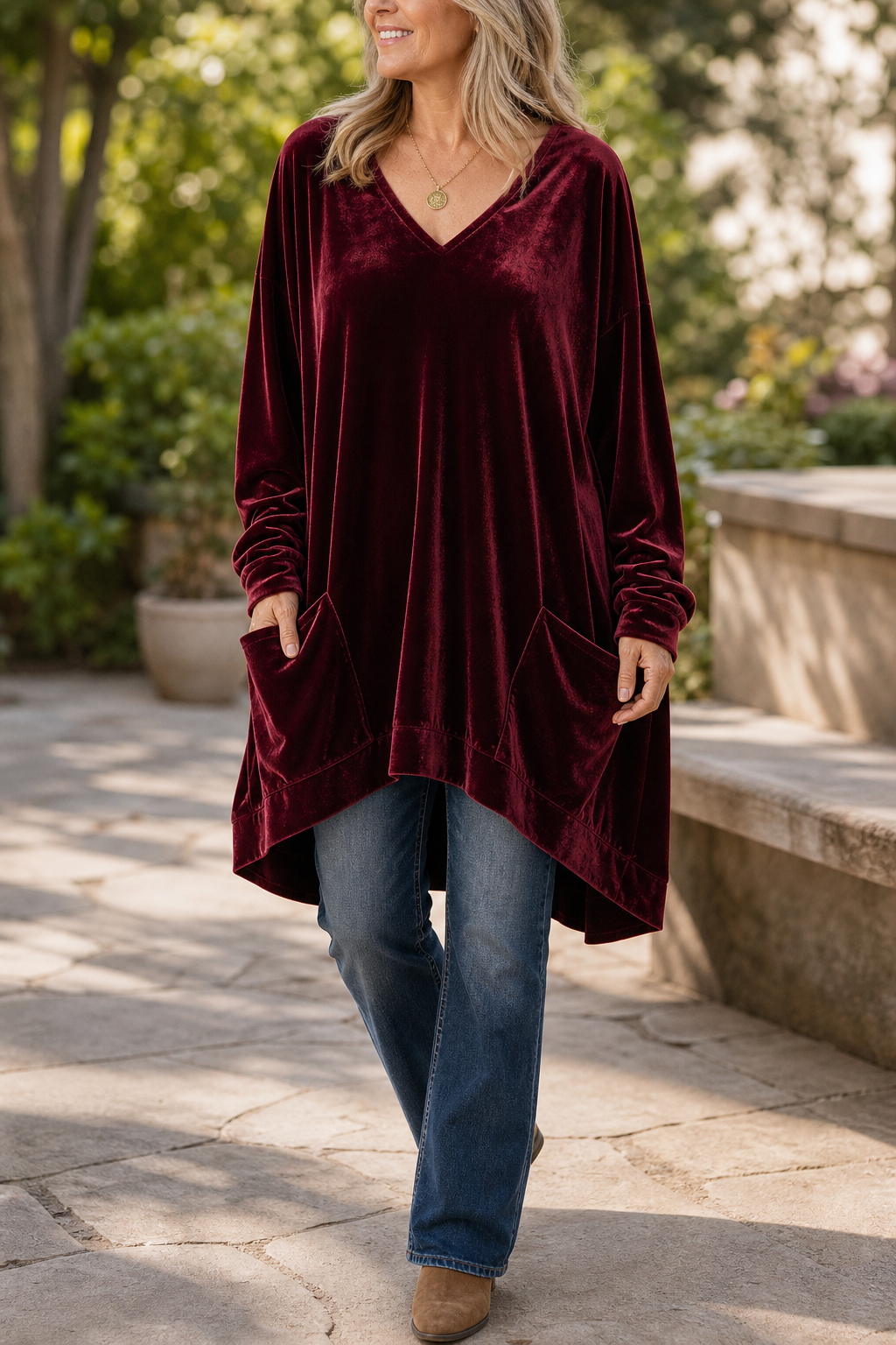 Oversized V-Neck Velvet-Look Tunic with Pockets