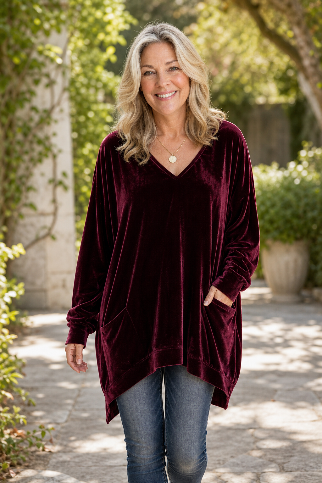 Oversized V-Neck Velvet-Look Tunic with Pockets