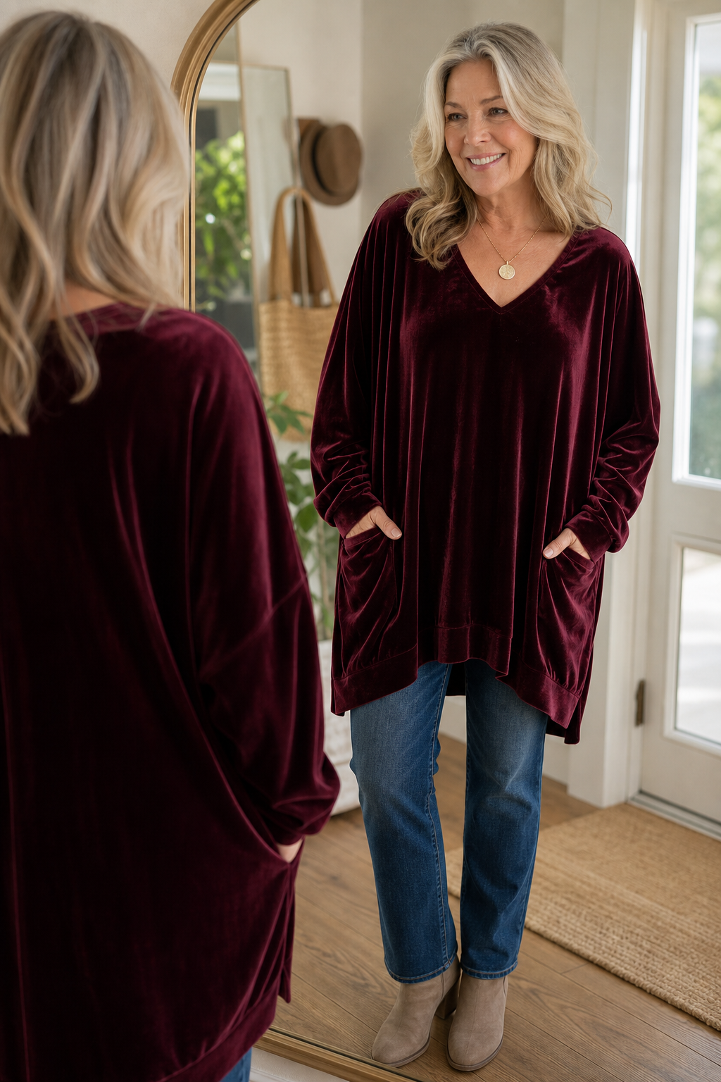Oversized V-Neck Velvet-Look Tunic with Pockets