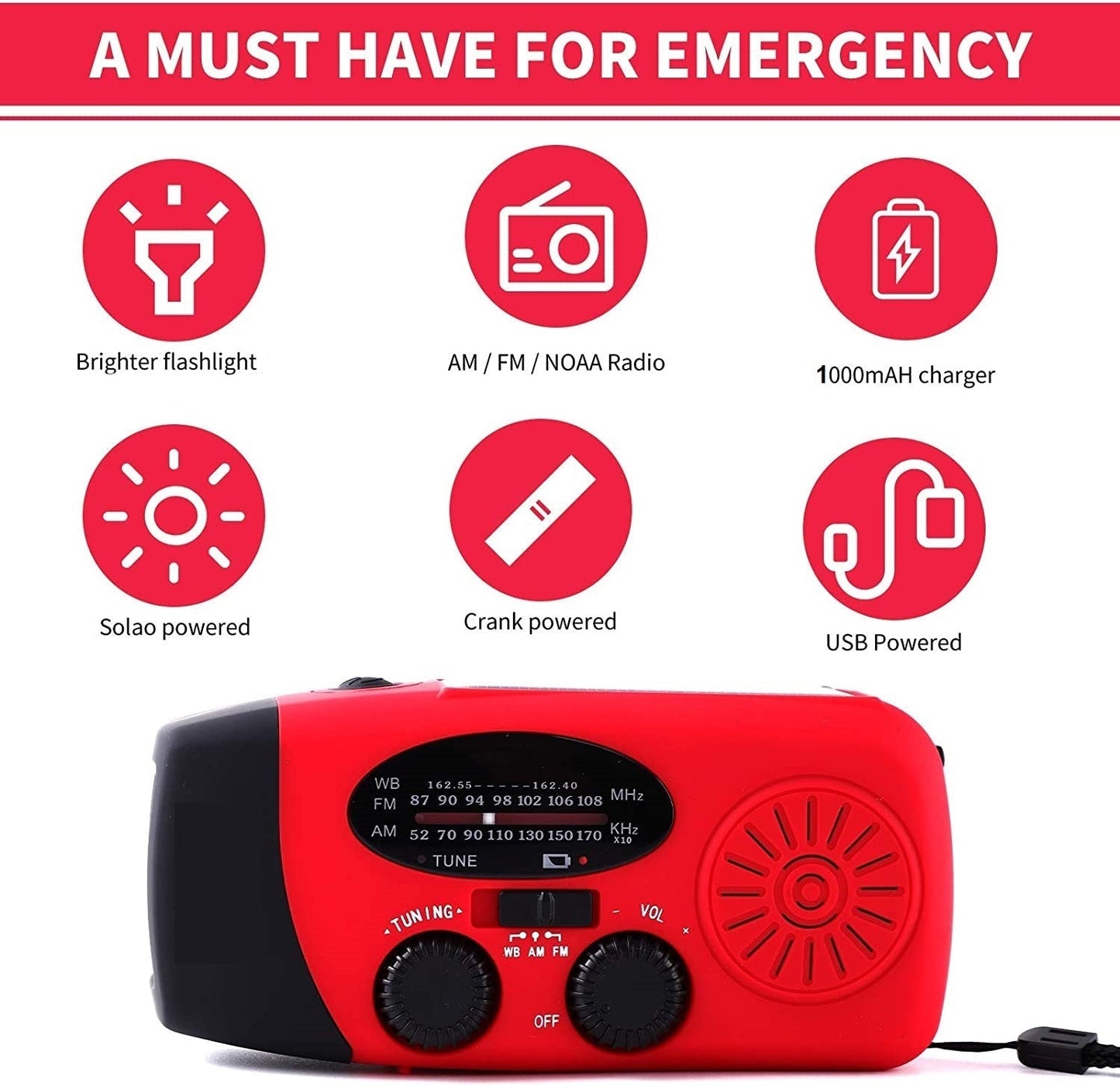Portable Emergency Solar Hand Crank Radio with NOAA Alerts