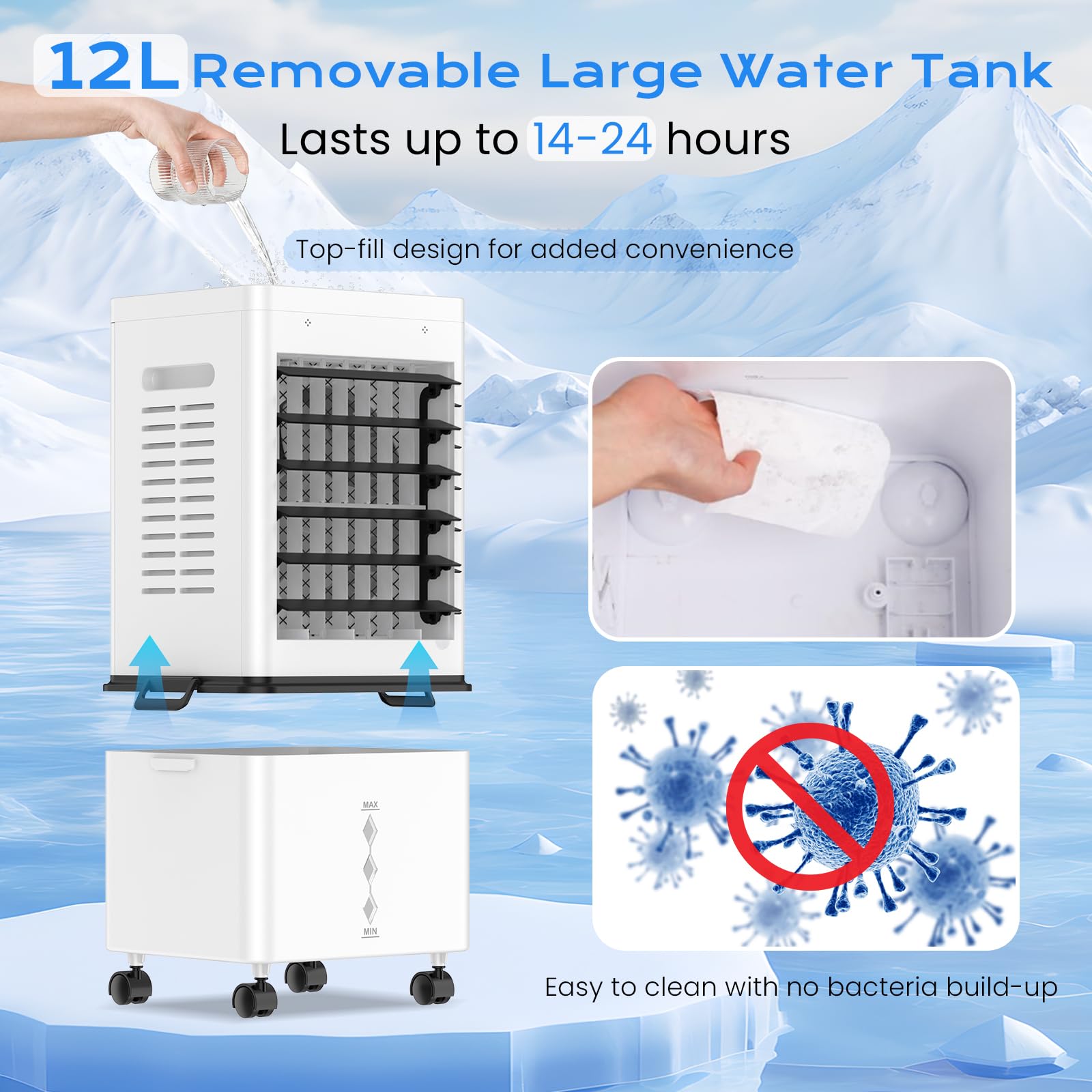 Portable Evaporative Air Cooler for Home, 12L Tank & Timer