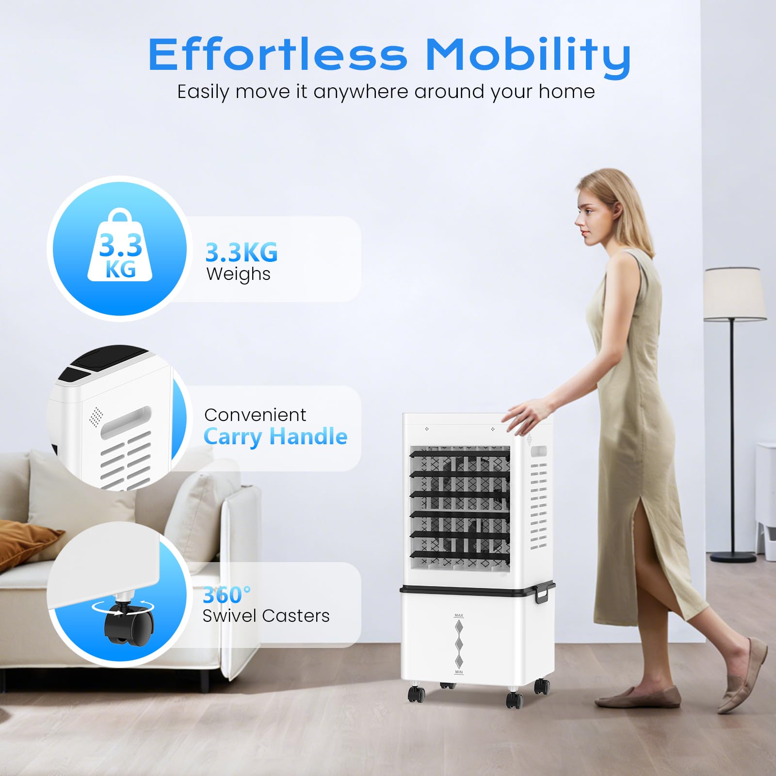 Portable Evaporative Air Cooler for Home, 12L Tank & Timer