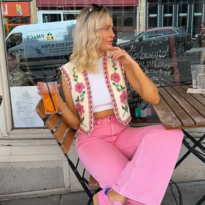 Printed Sleeveless Jacket with Front Opening