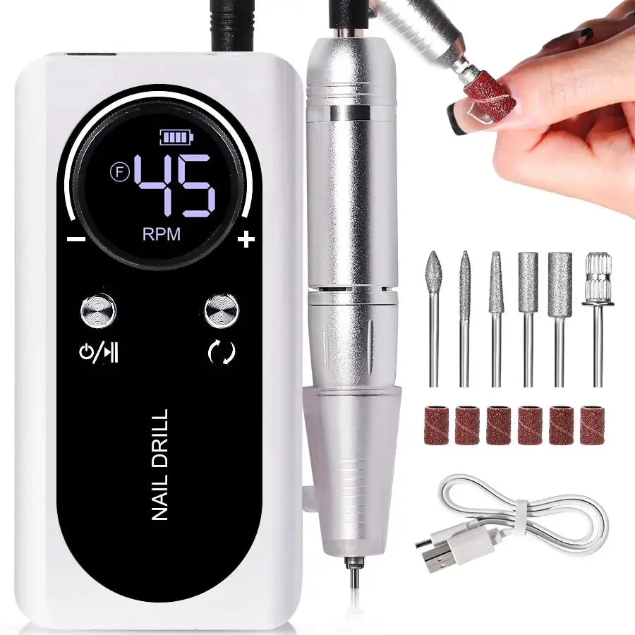 PROFESSIONAL 45000RPM PORTABLE ELECTRIC NAIL FILE WITH RECHARGEABLE BATTERY | LOW NOISE LEVEL FOR MANICURE