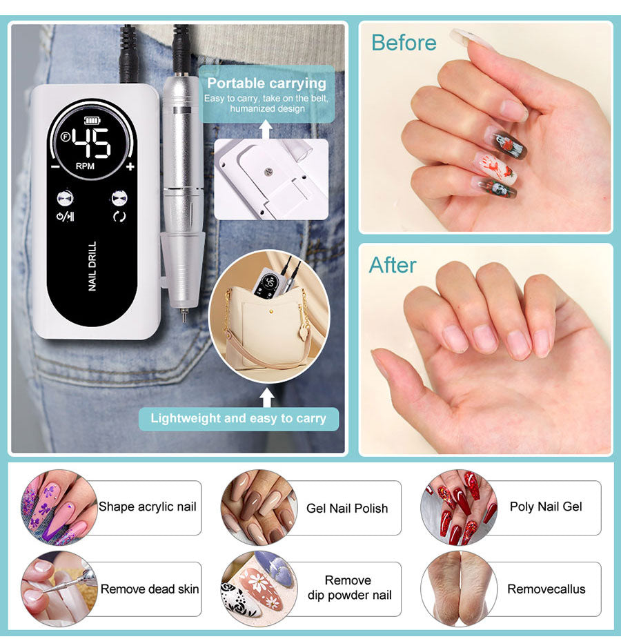 PROFESSIONAL 45000RPM PORTABLE ELECTRIC NAIL FILE WITH RECHARGEABLE BATTERY | LOW NOISE LEVEL FOR MANICURE