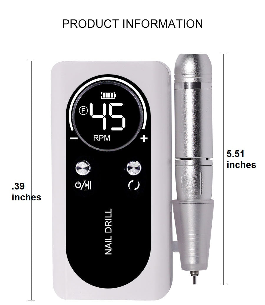 PROFESSIONAL 45000RPM PORTABLE ELECTRIC NAIL FILE WITH RECHARGEABLE BATTERY | LOW NOISE LEVEL FOR MANICURE
