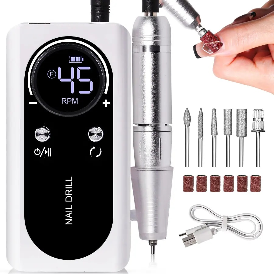 PROFESSIONAL 45000RPM PORTABLE ELECTRIC NAIL FILE WITH RECHARGEABLE BATTERY | LOW NOISE LEVEL FOR MANICURE