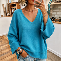 Raw-Hem Garment-Washed V-Neck Sweatshirt