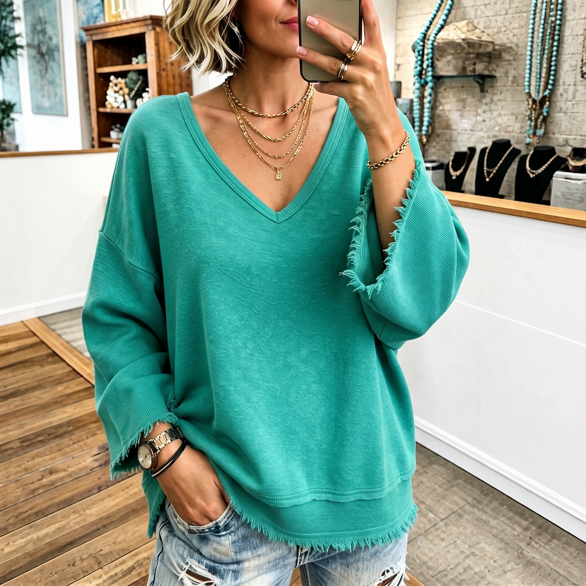 Raw-Hem Garment-Washed V-Neck Sweatshirt