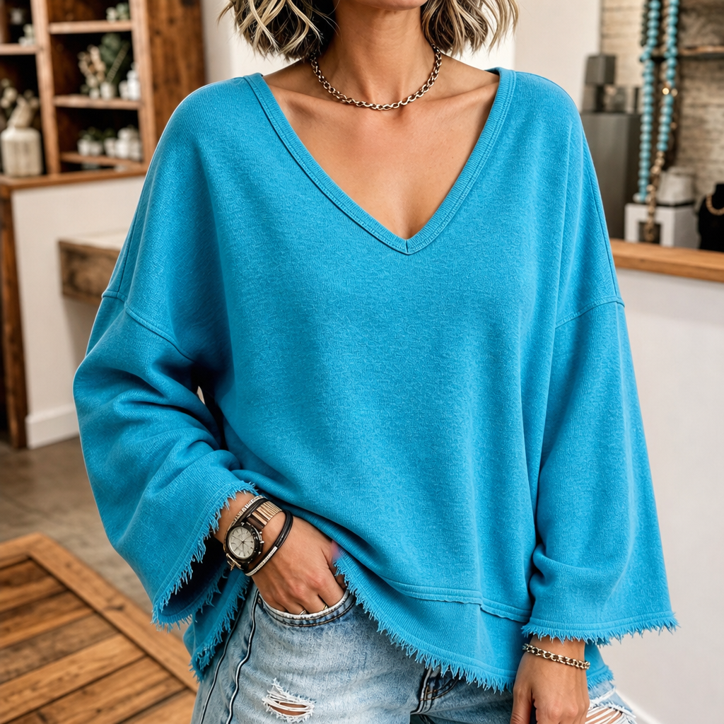 Raw-Hem Garment-Washed V-Neck Sweatshirt