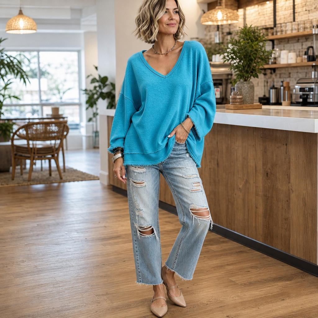 Raw-Hem Garment-Washed V-Neck Sweatshirt