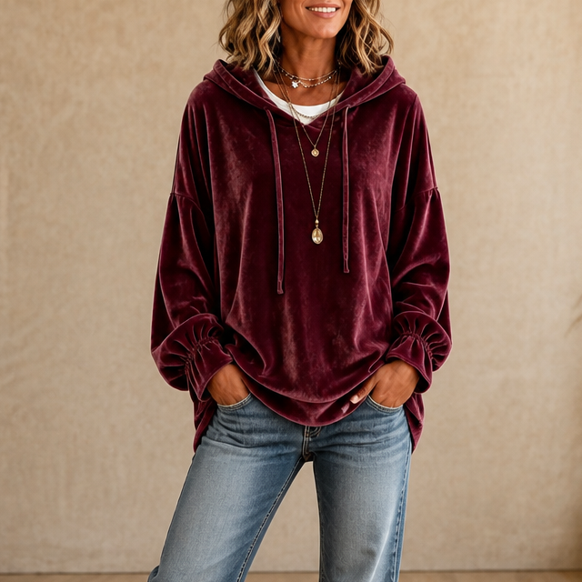 Relaxed Velvet Hoodie with Ruffle Cuffs
