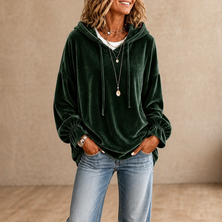 Relaxed Velvet Hoodie with Ruffle Cuffs