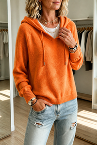 Ribbed Knit Drawstring Hooded Pullover