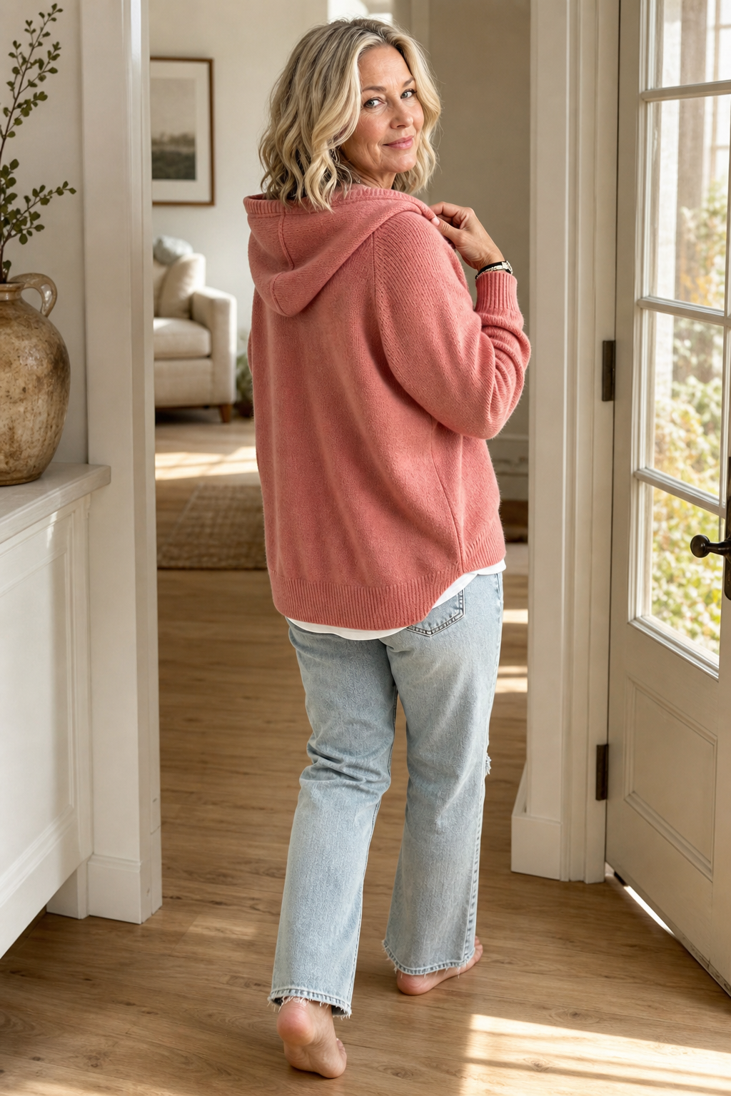 Ribbed Knit Drawstring Hooded Pullover