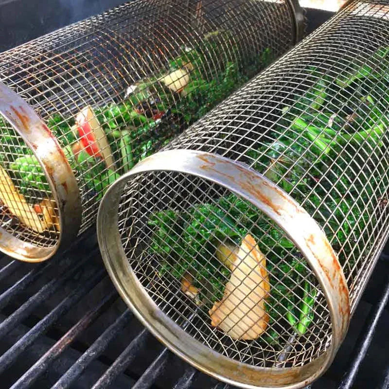 Rolling Stainless Steel BBQ Grill Basket