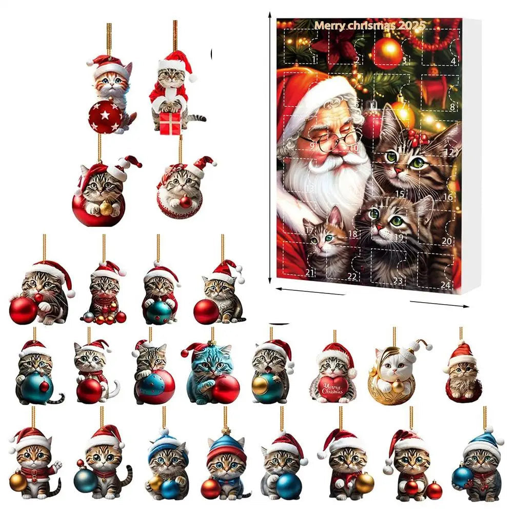 Set of 24 Cat Christmas Ornaments Made of Durable Acrylic for Advent Calendar Decoration