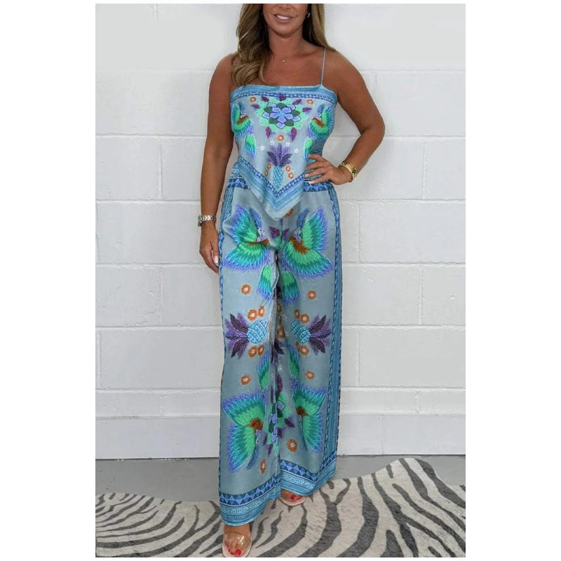Spaghetti Strap Printed Top & Loose Pants 2-Piece Set