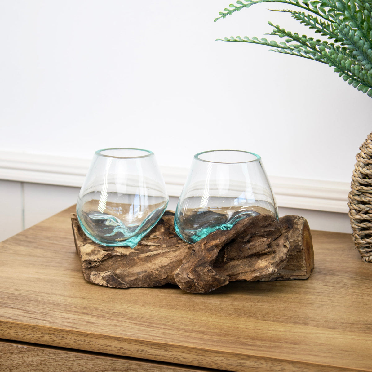 Teak Root with Double Mini Blown Glass Bowl