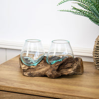 Teak Root with Double Mini Blown Glass Bowl