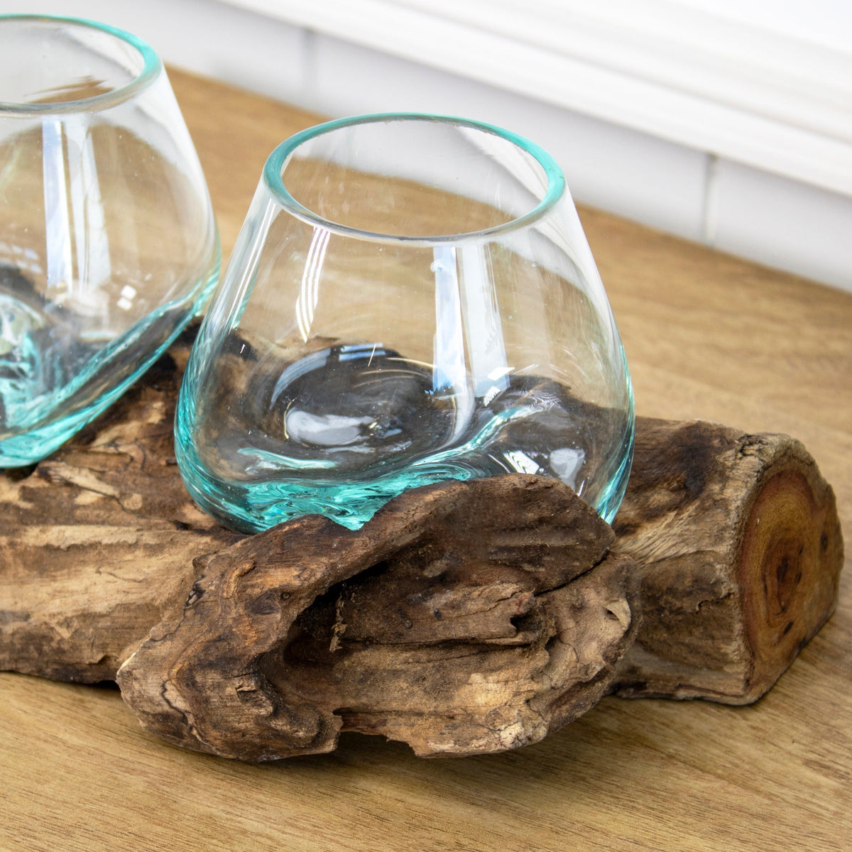 Teak Root with Double Mini Blown Glass Bowl