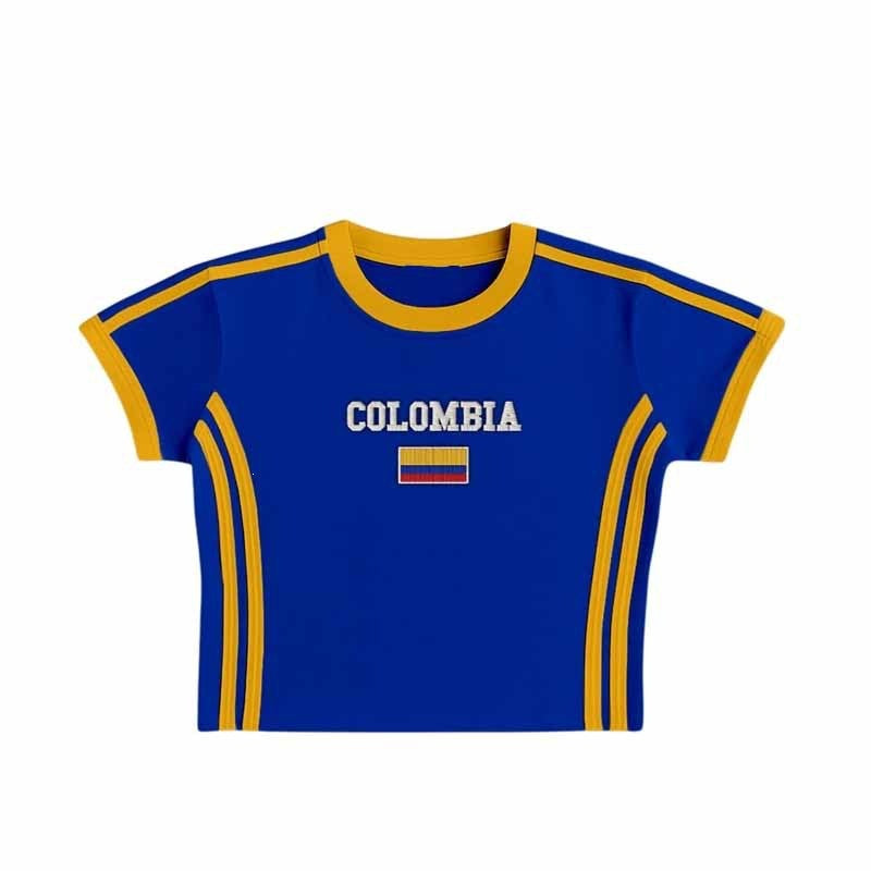 Unisex Slim Fit Retro Sporty Short Sleeve T-Shirt with Flag Motif