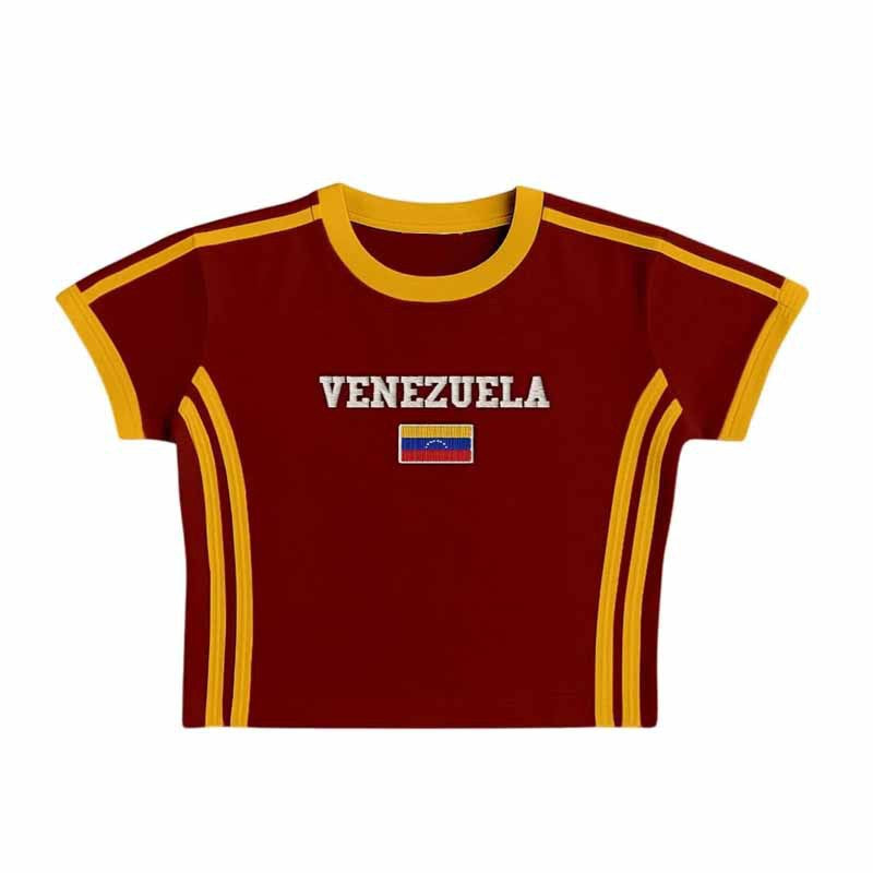 Unisex Slim Fit Retro Sporty Short Sleeve T-Shirt with Flag Motif