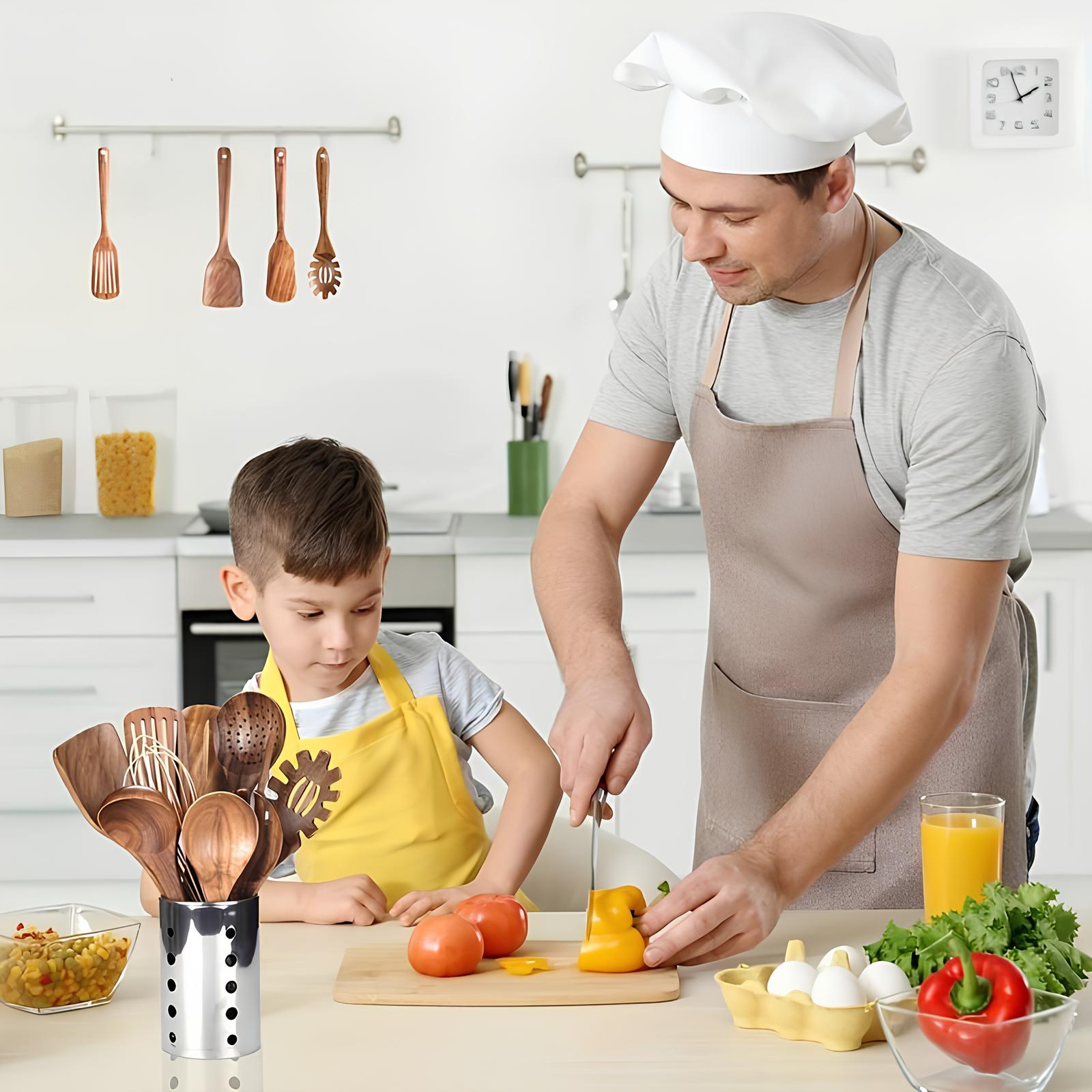 Wearclo | 11-Piece Teak Kitchen Tool Set | With Holder | Natural Wood