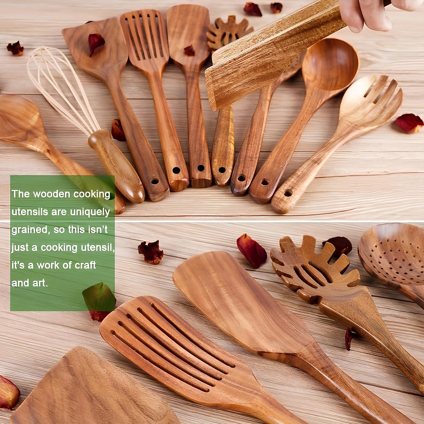 Wearclo | 11-Piece Teak Kitchen Tool Set | With Holder | Natural Wood