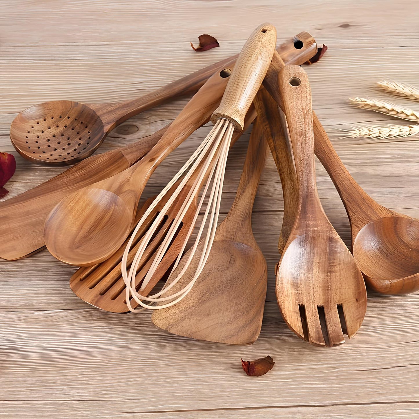 Wearclo | 11-Piece Teak Kitchen Tool Set | With Holder | Natural Wood