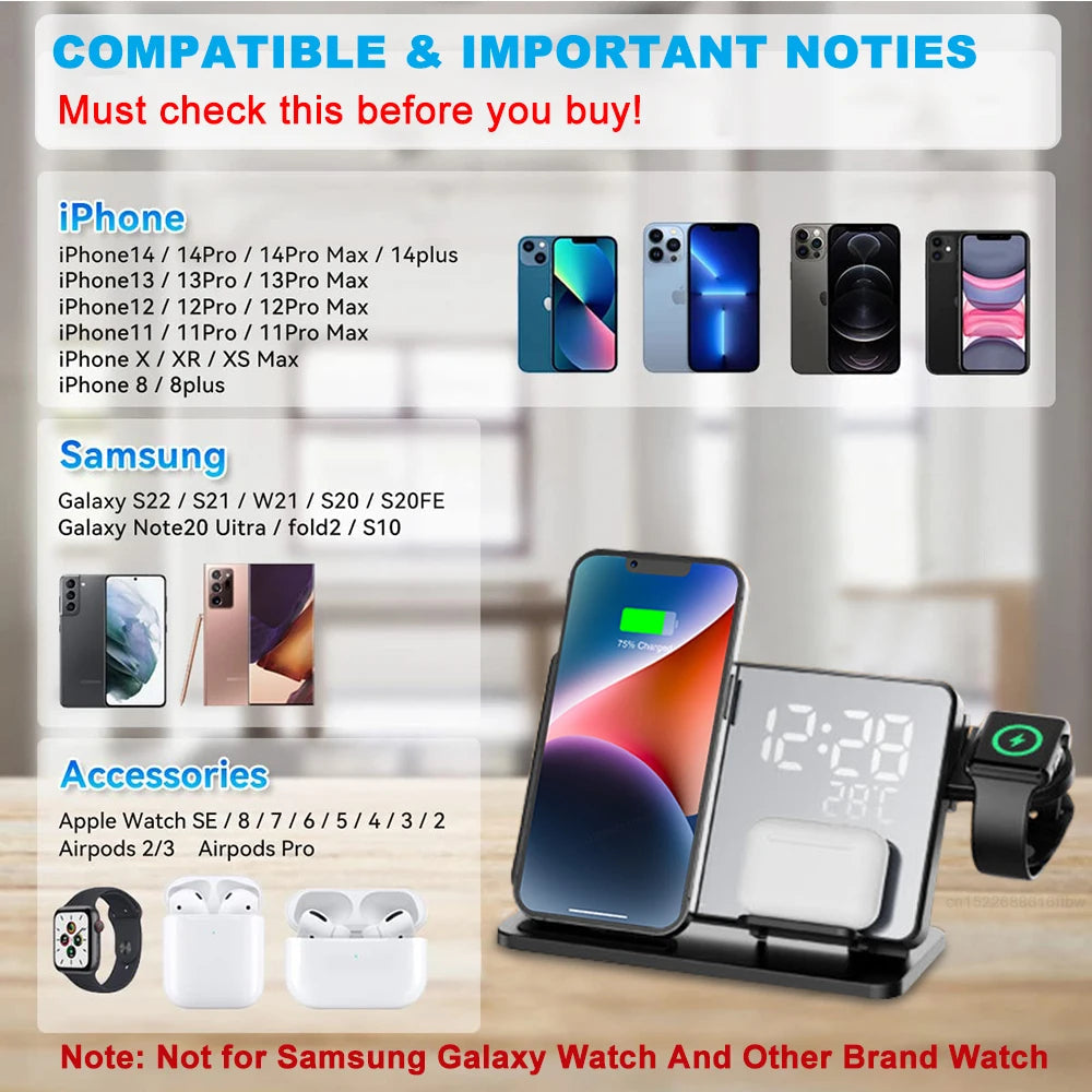 Wearclo | 3-in-1 Quick Charge Station | Premium Wireless Fast Charging Docking Station with Alarm Clock | for Apple iPhone, Watch & AirPods