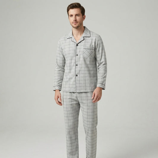 Wearclo | Men's Checked Pyjama Set with Button-Down Shirt