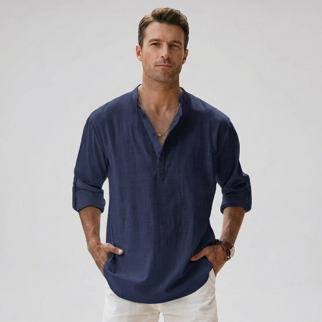 Wearclo | Men's Henley Shirt – Band Collar Linen Blend