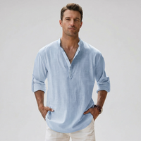 Men's Linen Blend Band Collar Henley Shirt