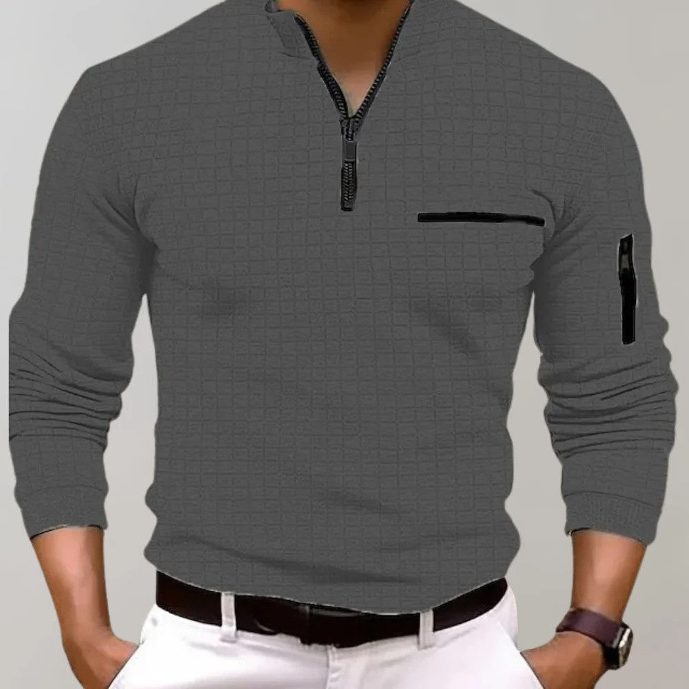Wearclo | Men's Quarter Zip Polo with Textured Grid Pattern