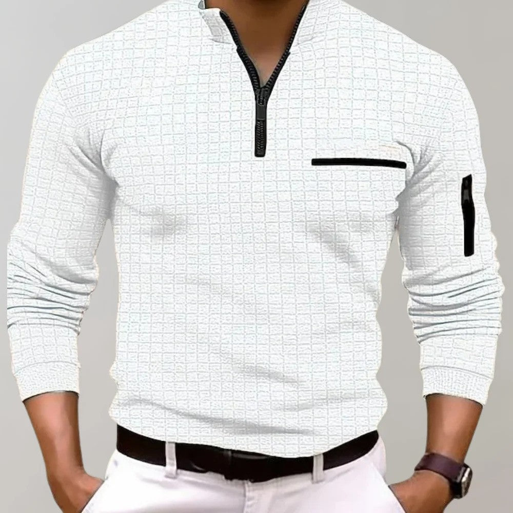 Wearclo | Men's Quarter Zip Polo with Textured Grid Pattern