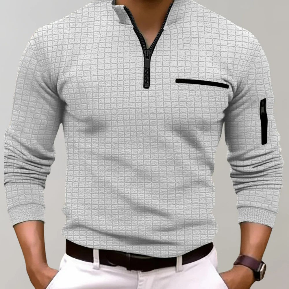 Wearclo | Men's Quarter Zip Polo with Textured Grid Pattern