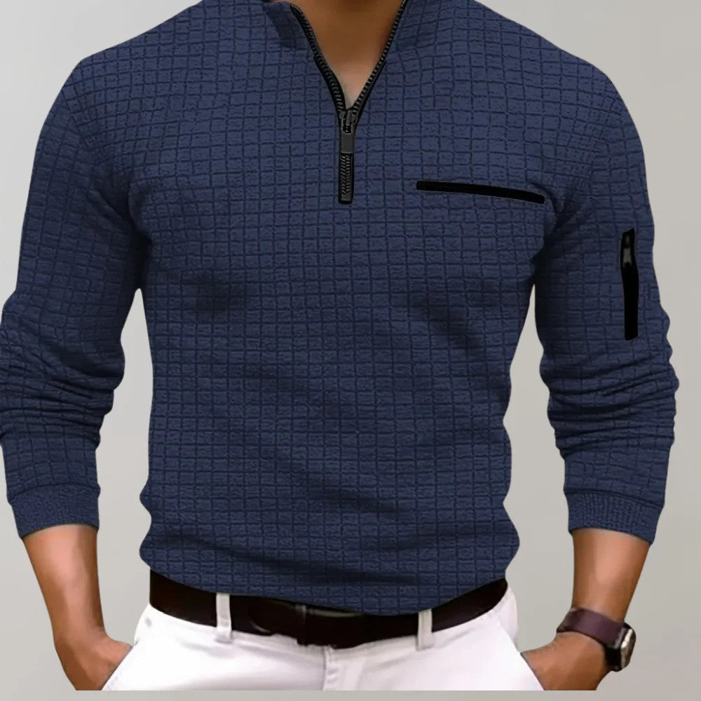 Wearclo | Men's Quarter Zip Polo with Textured Grid Pattern