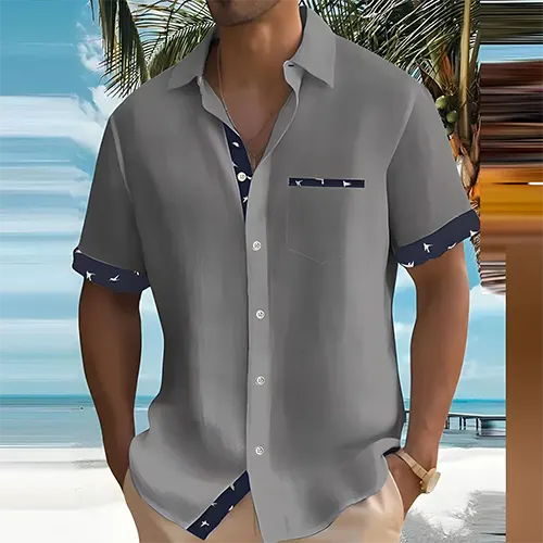 Wearclo | Men's Short Sleeve Button-Up Shirt | Contrast Trim Pocket