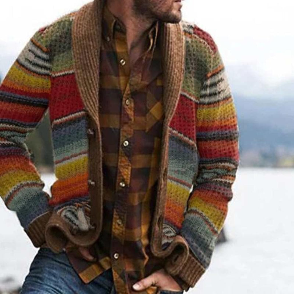 Wearclo | Men's Striped Knit Cardigan with Shawl Collar