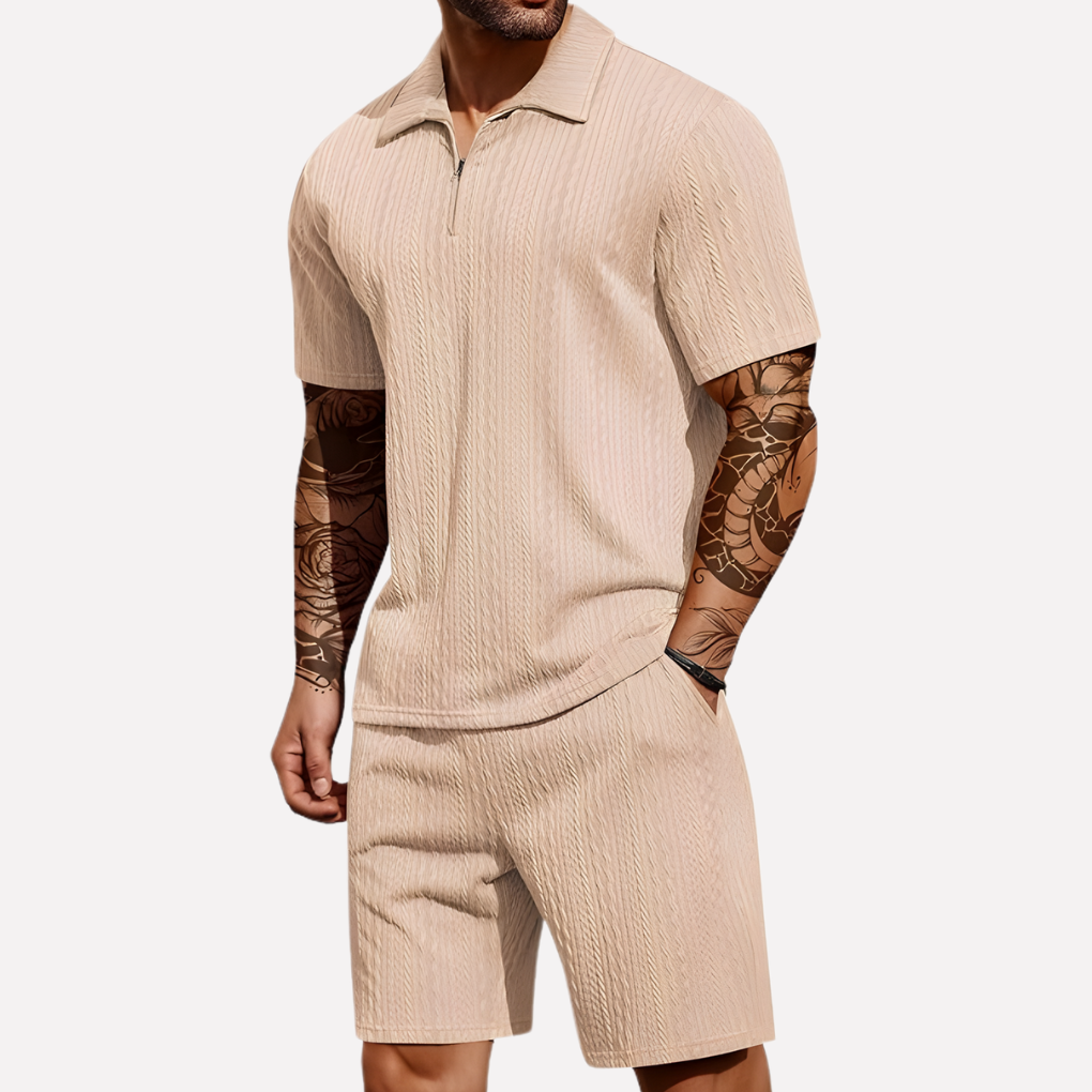 Wearclo | Men's Textured Polo Shirt & Shorts Set