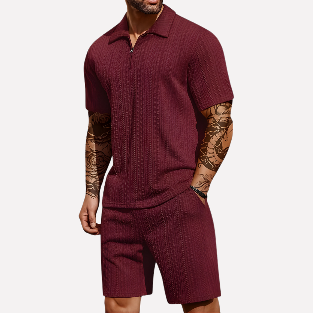 Wearclo | Men's Textured Polo Shirt & Shorts Set