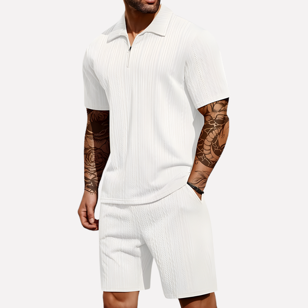 Wearclo | Men's Textured Polo Shirt & Shorts Set