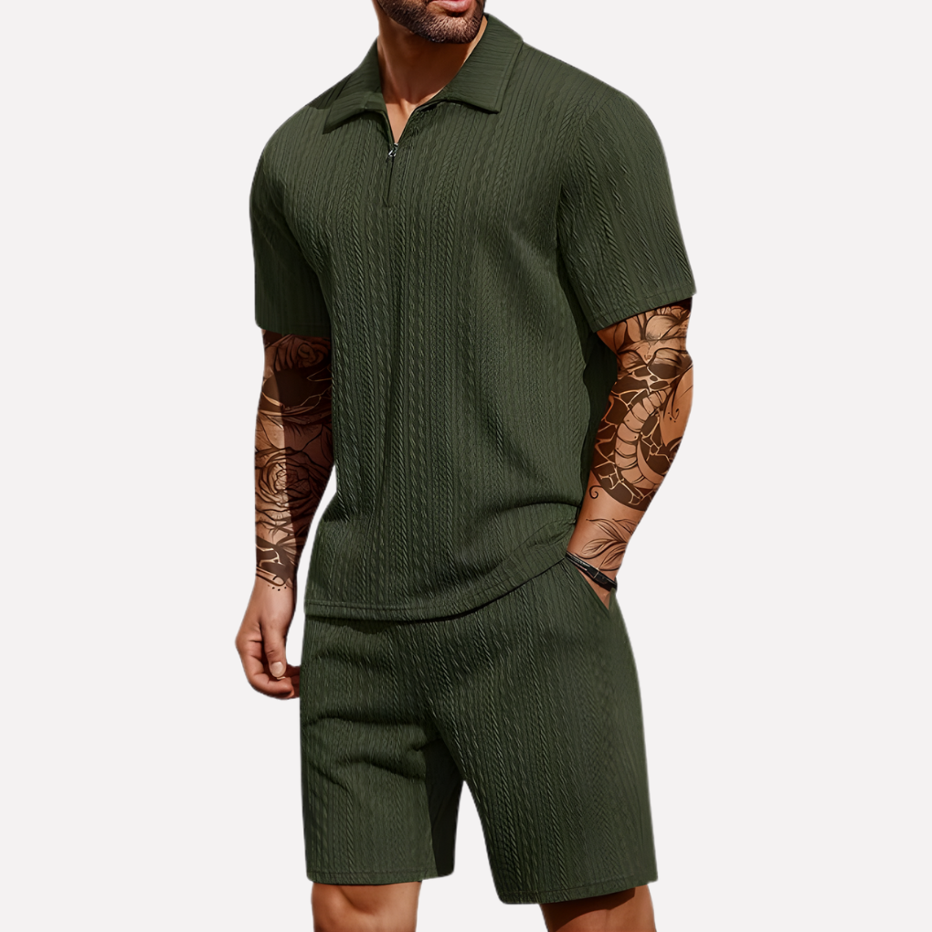 Wearclo | Men's Textured Polo Shirt & Shorts Set